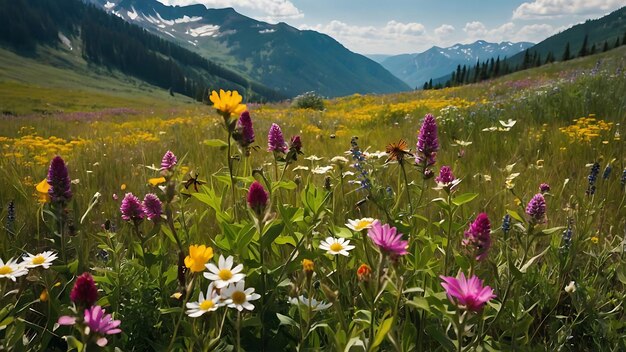 Vibrant wildflowers in full bloom with a majestic mountain backdrop