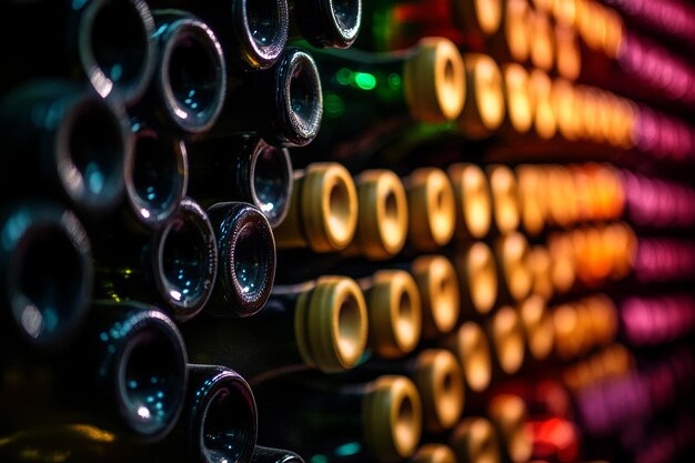 Photo vibrant wine bottles stacked in a cellar creating a textured background for wine enthusiasts