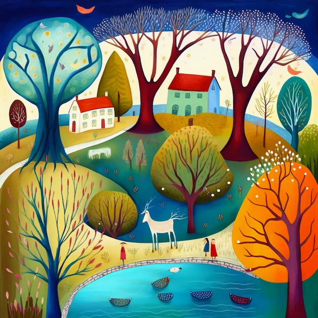 Vibrant winter colours folk art style