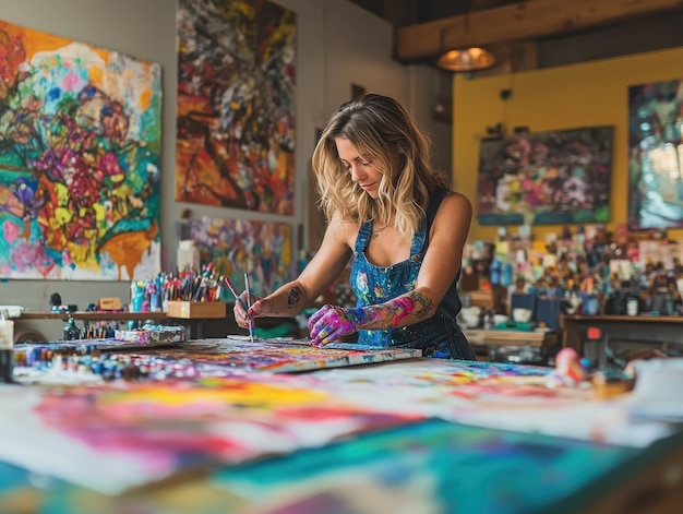 Vibrant woman creating art in a lively studio