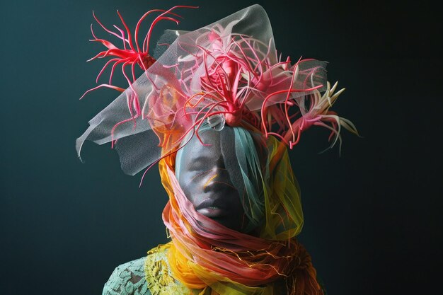 Vibrant Woman wearing Colorful Floral Headdress with Pink Flowers in Portrait Shot on Neutral Background