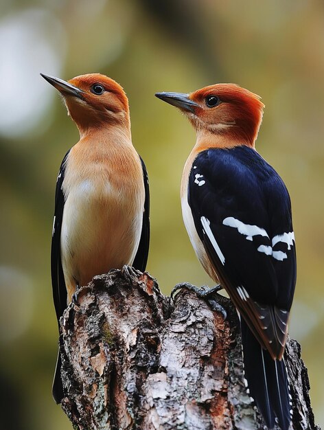 Photo vibrant woodpeckers perched on tree bark natures colorful avian duo