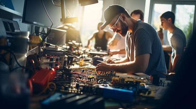 Vibrant Workshop Scene Embracing the DIY Spirit and Craftsmanship of Makers and Enthusiasts