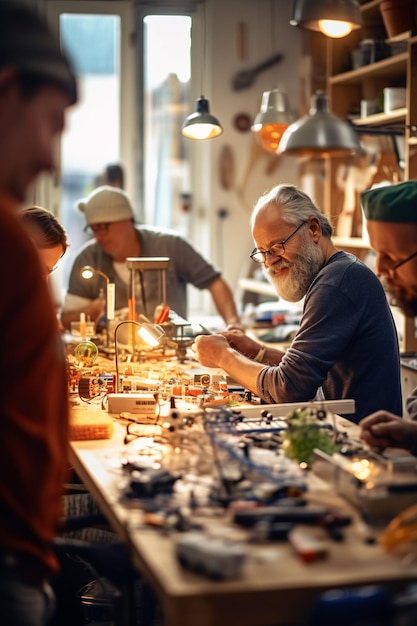 Vibrant Workshop Scene Embracing the DIY Spirit and Craftsmanship of Makers and Enthusiasts