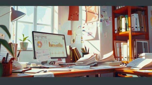 A vibrant workspace with a computer displaying graphs and charts surrounded by books papers and office supplies creating a productive atmosphere