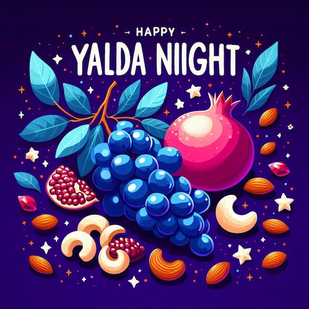 Photo vibrant yalda night celebration blue grapes pomegranates almonds cashews on deep purple background with playful