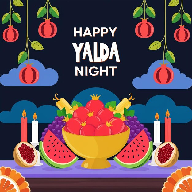 Photo vibrant yalda night illustration golden bowl of fruit candles and starry sky