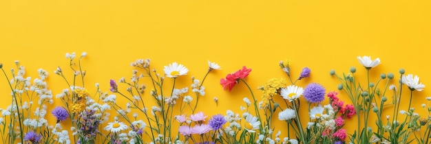 Photo a vibrant yellow background with a border of colorful wildflowers symbolizing spring growth