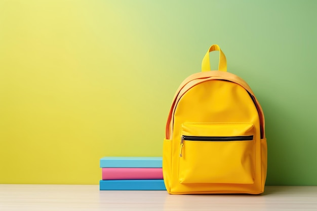 Vibrant yellow backpack with books on gradient background perfect for modern school or fashion themes Back to school concept Empty copy space for text Generative AI