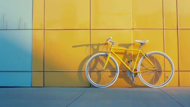 Photo a vibrant yellow bicycle leans against a bold yellow and blue panelled wall casting a long shadow in the warm late afternoon sunlight