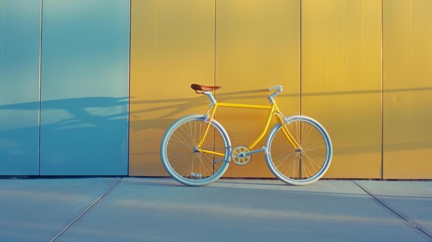 Photo a vibrant yellow bicycle leans against a turquoise and yellow wall casting a long shadow on the sidewalk evoking a sense of modern simplicity and style