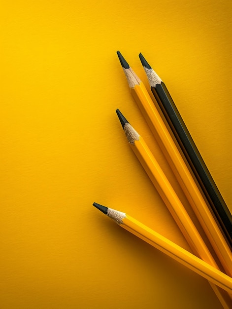 Vibrant Yellow and Black Pencils on Matching Yellow Background Minimalist Stationery Art for