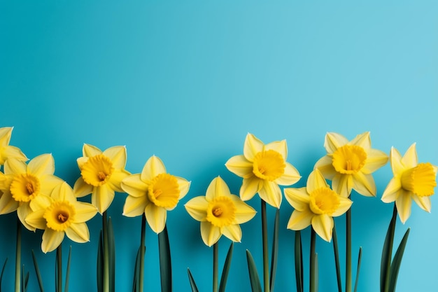 Vibrant yellow daffodils on serene blue background Springtime bloom and floral beauty concept