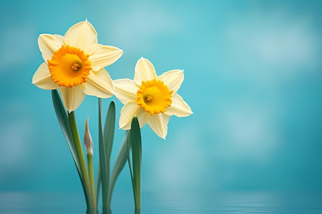 Vibrant yellow daffodils on serene blue background Springtime bloom and floral beauty