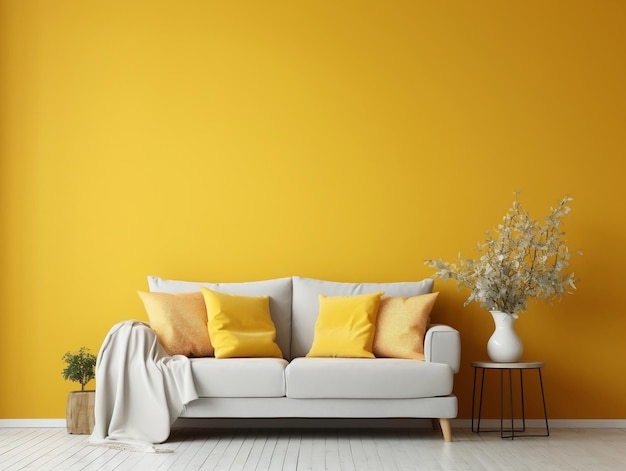 Vibrant yellow empty wall with cozy beige sofa modern living room