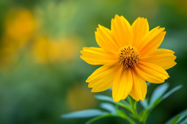 Vibrant Yellow Garden Flower Bloom with Green Leaves and Blurred Background Nature Photography