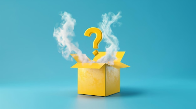 Vibrant yellow gift box with a luminous question mark on a blue misty background mysterious image