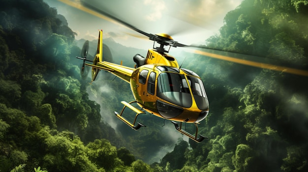 A vibrant yellow helicopter soars through the air