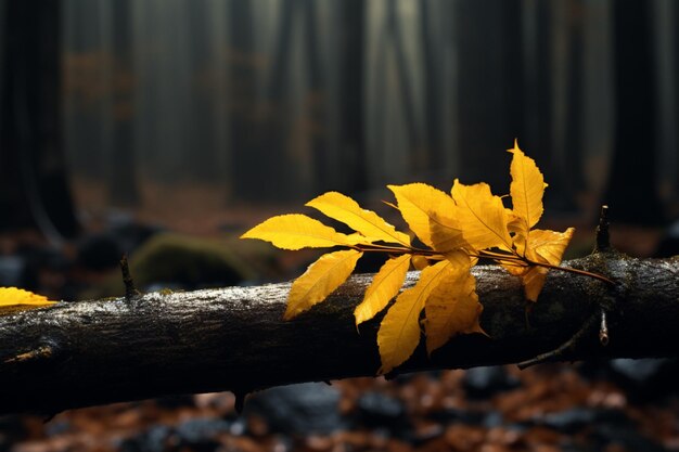 Vibrant yellow leaf on a dark autumn forest branch