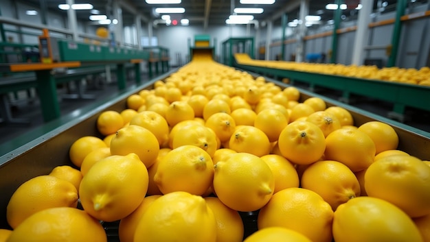 Photo vibrant yellow lemons on conveyor belt in modern processing plant