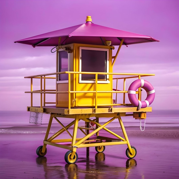 A vibrant yellow lifeguard tower with a purple umbrella stands on a beach at sunset