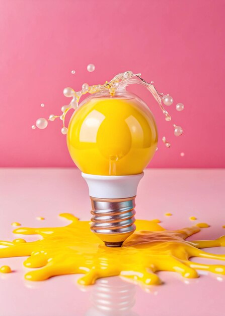 Photo vibrant yellow light bulb exploding with colorful paint on pink background fun creative artistic