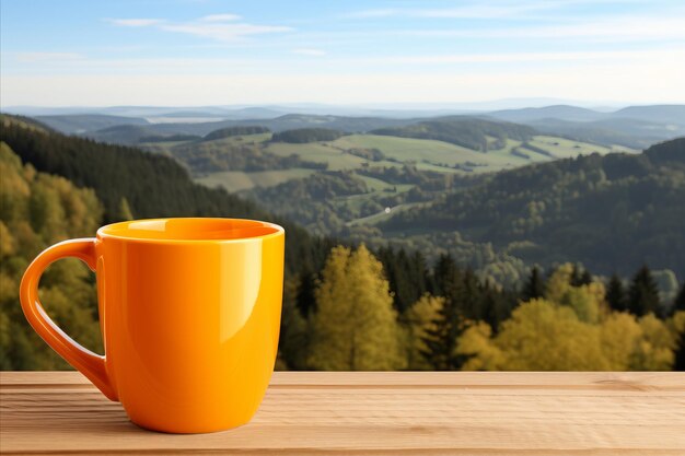 Vibrant Yellow Mug on Table with Stunning Nature as Background Copy Space