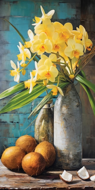 Vibrant Yellow Orchids In A Teal Vase A Hyperrealistic Mural By Greg Olsen