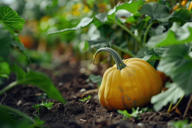 Photo vibrant yellow pumpkin sits on brown soil with green leaves and stem growing pumpkins surround it