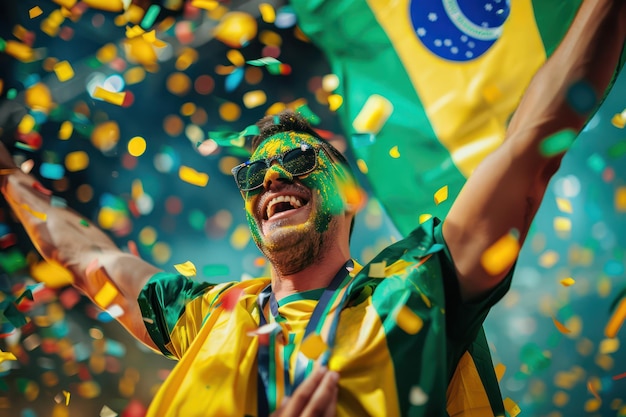 Photo vibrant yellow shirt and green shorts worn by person celebrating brazil flag surrounded confetti