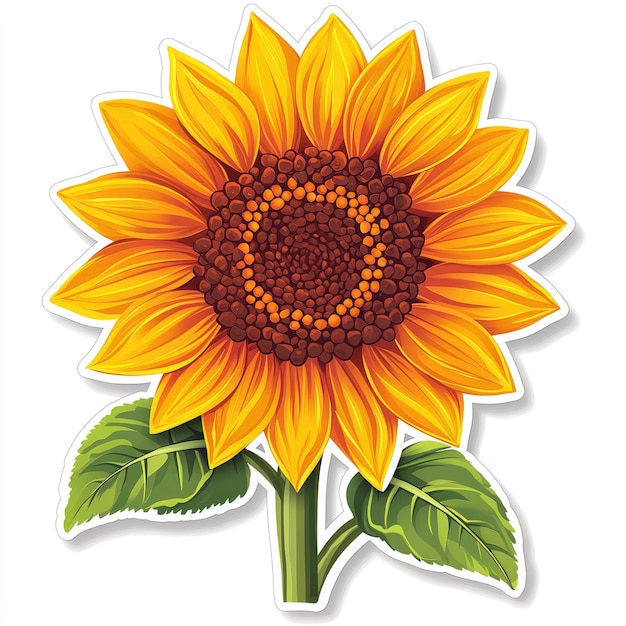 Vibrant Yellow Sunflower with Green Leaves Isolated on White Background