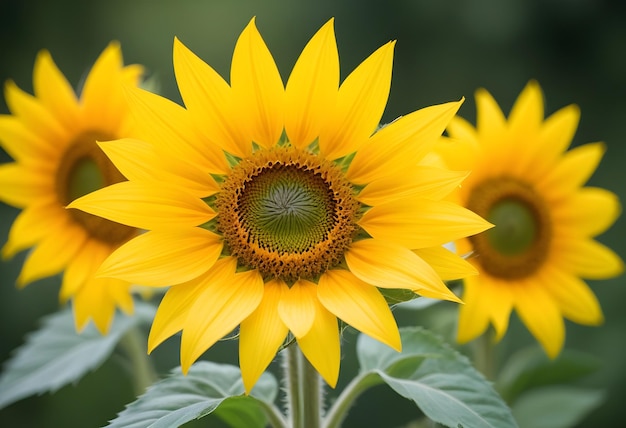 A vibrant yellow sunflower with its petals fully open set against a blurred green background