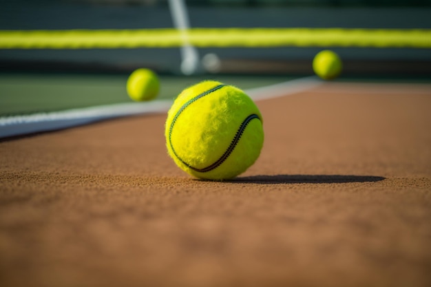 A vibrant yellow tennis ball at the center of the court Generative AI