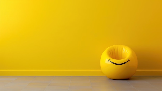 Photo a vibrant yellow wall sets the tone for a lively space complemented by a smiling chair that invites comfort and joy ideal for a creative or playful environment