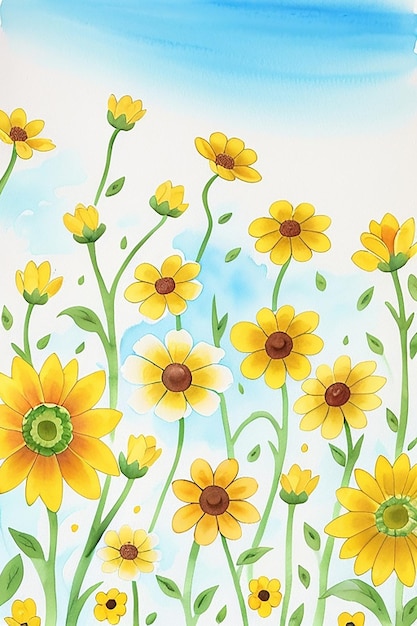 A vibrant yellow and white watercolor pattern of wildflowers dancing across a canvas of blue sky