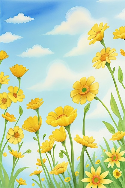 A vibrant yellow and white watercolor pattern of wildflowers dancing across a canvas of blue sky