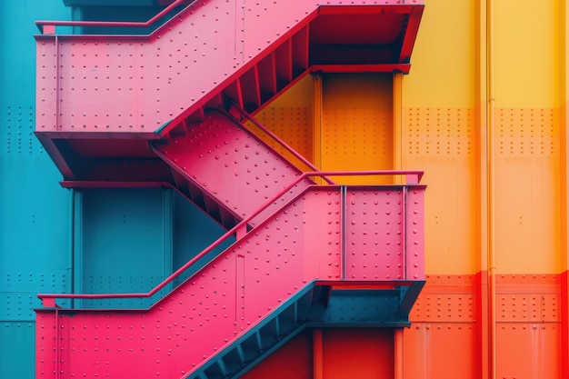 Photo vibrant zigzag staircases against a colorful architectural backdrop in urban setting