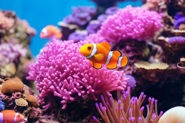 Vibrantly colored clownfish swimming amongst lush pink sea anemones in a serene underwater landscape