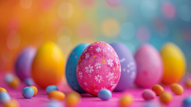 Vibrantly colored easter eggs against a colorful background during spring