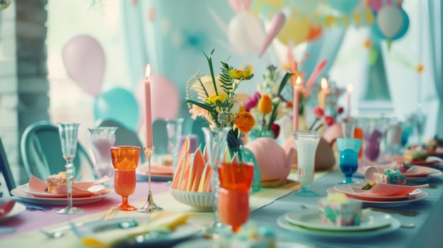 Photo a vibrantly decorated table set up for a festive celebration adorned with flowers candles and colorful tableware