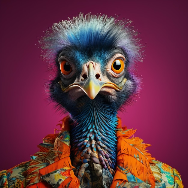 Vibrantly Surreal Emu Portrait With Colorful Hair