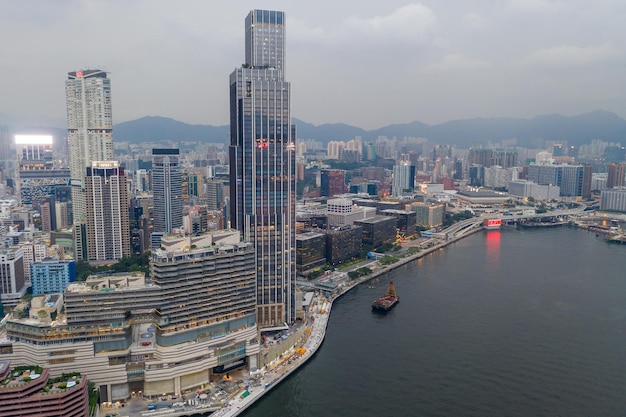 Victoria harbor, Hong Kong 05 September 2018:- Top view of Hong Kong urban city