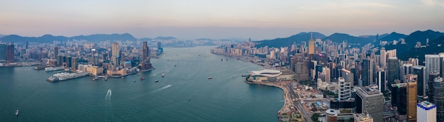 Victoria Harbor, Hong Kong 11 September 2018:-Panoramic of Hong Kong city in the evening