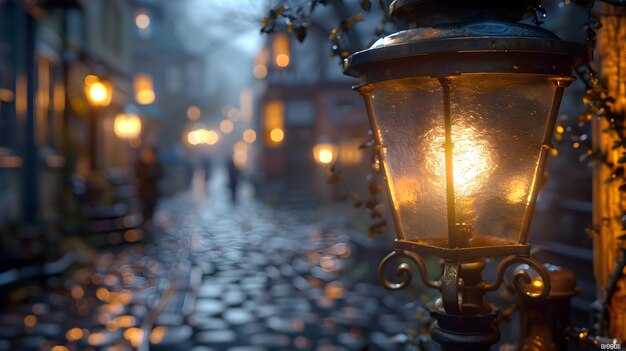 Photo victorian era lamplighters lighting gas lamps on cobblestone street with cinematic atmosphere