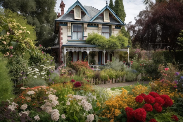 Victorian house surrounded by lush garden filled with vibrant blooms and greenery