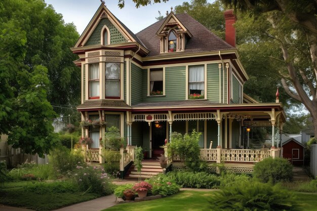 Victorian house with wraparound porch lanterns hanging plants