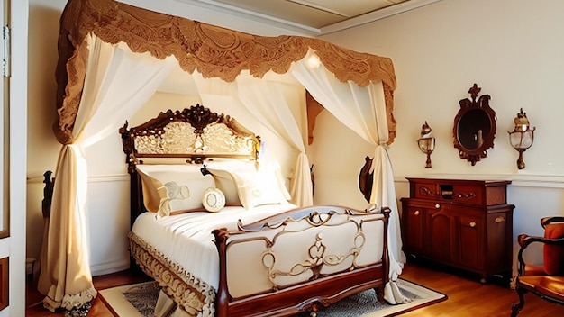 Victorian inspired luxury hotel bedroom decor with a canopy bed lace curtains and antique furniture