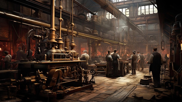 Victorian laborers working in an industrial factory