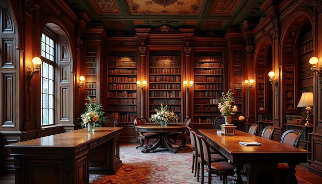 Photo victorian library with dark wood shelves and ornate decor