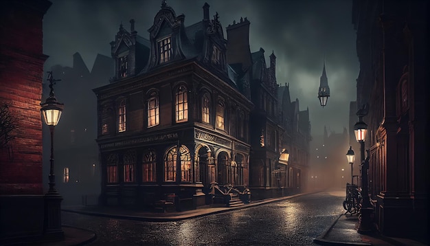 Victorian London on a moody evening with gas lights Al generated